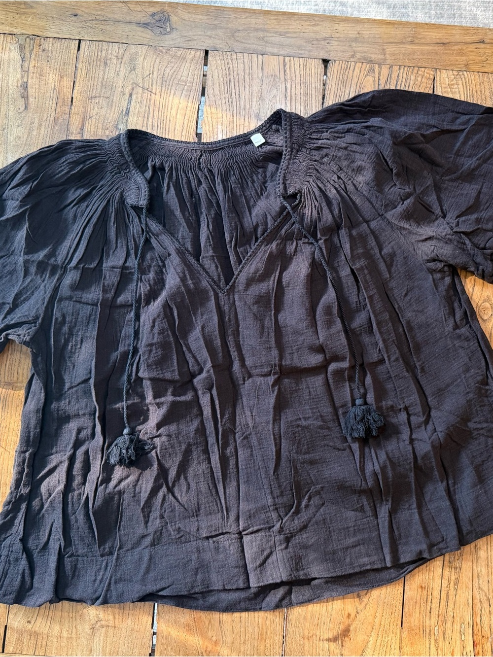 VINCE Black Peasant Blouse with Tassel Ties